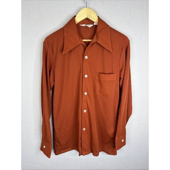 Vintage 70s Capri West Disco Shirt Rust Orange Big Collar Polyester 15.5 M - Picture 1 of 6